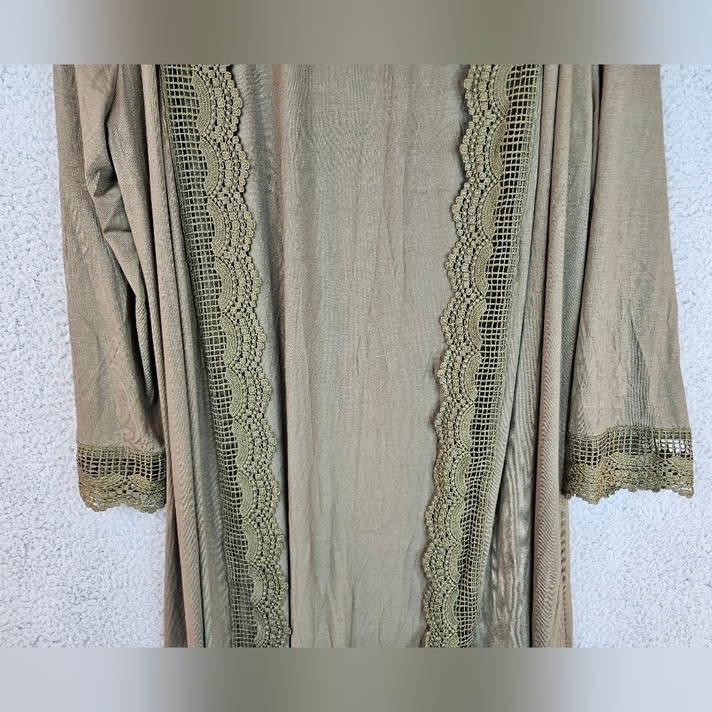 Bluetime Womens Green Long Line Open Front Lace Trim Cardigan Sz M=8/10 - Picture 4 of 11
